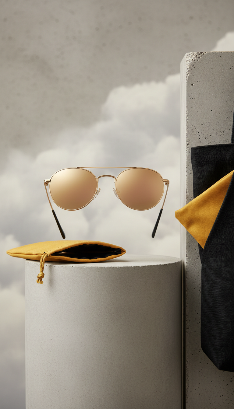 Metallic round sunglasses with branded pouch